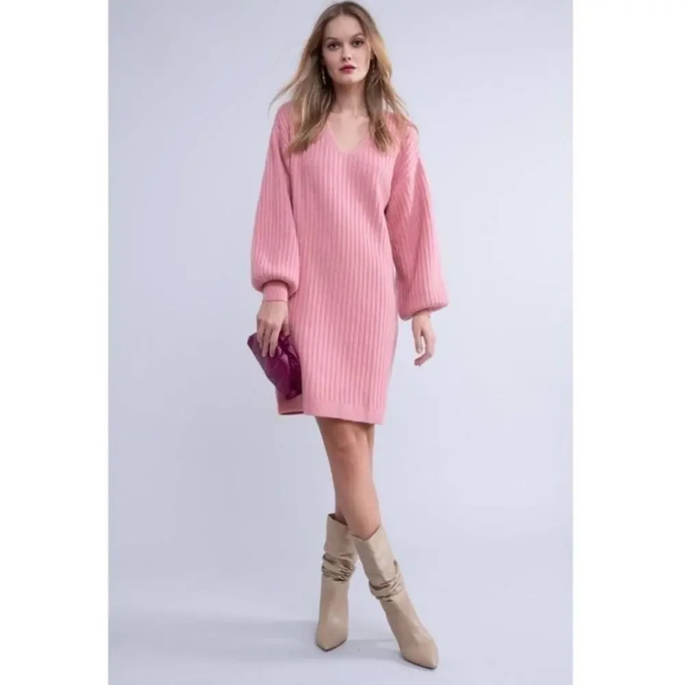 Rachel Parcell Sweater Dress Balloon Long Sleeve Pink V-Neck Wool‎ Blend Size S